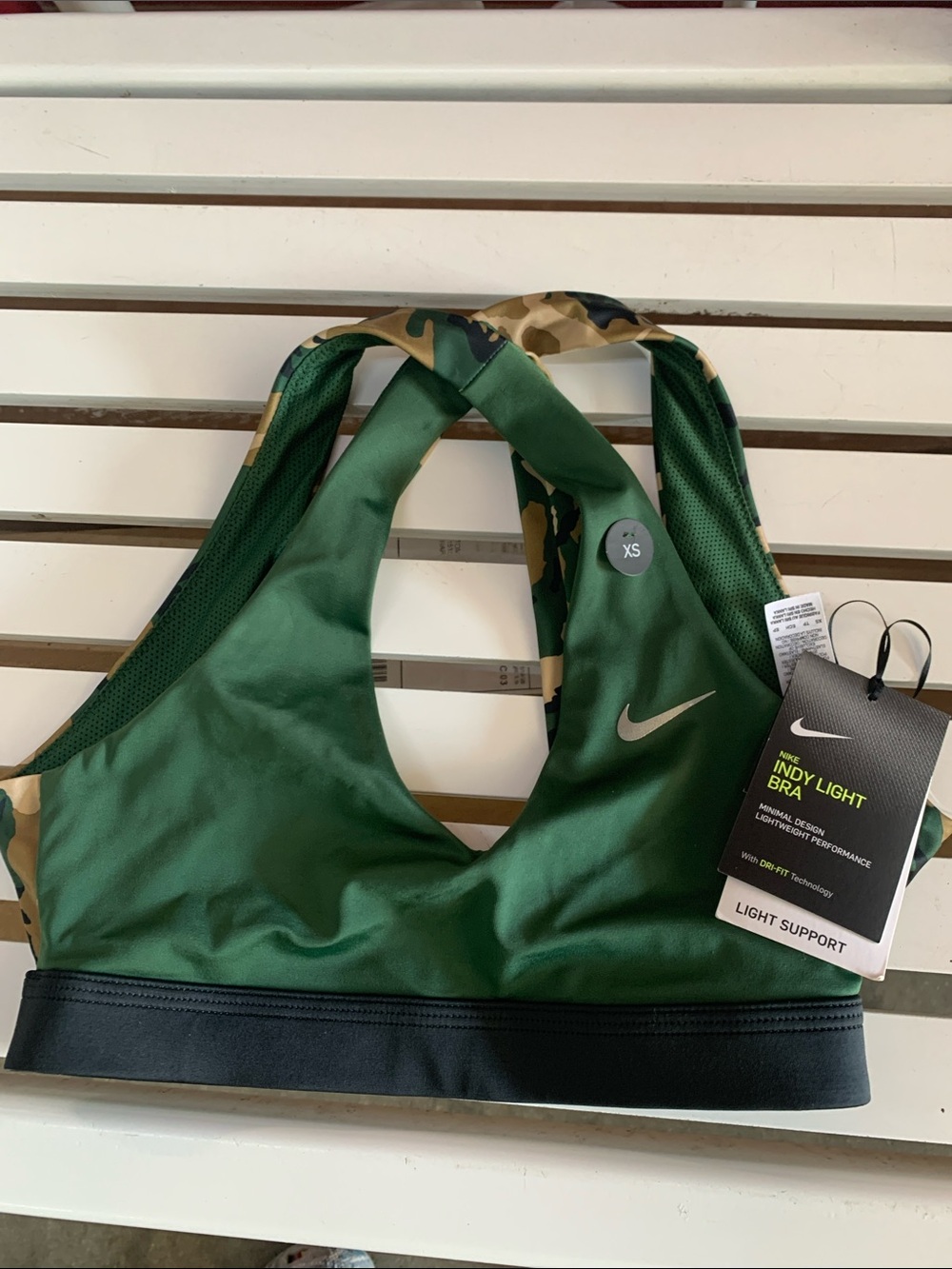 Nike Indy Light Sports Bra in Dark Green with Camo Straps